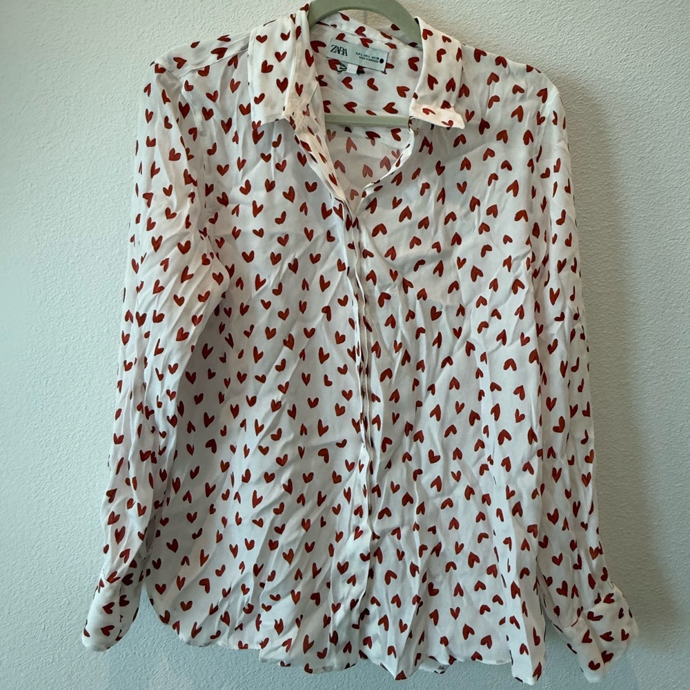 Zara White Blouse with Red Heart Pattern